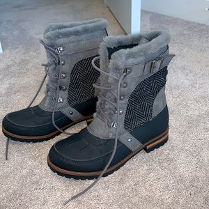 Grey and black boots with faux fur